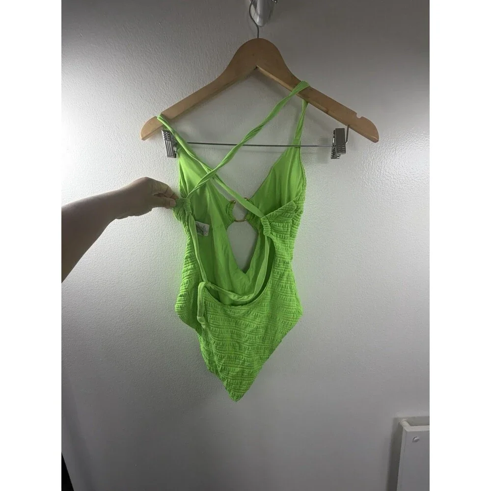 Neon Green Textured One Piece Swimsuit Open Back Ring Detail Criss Cross Size S